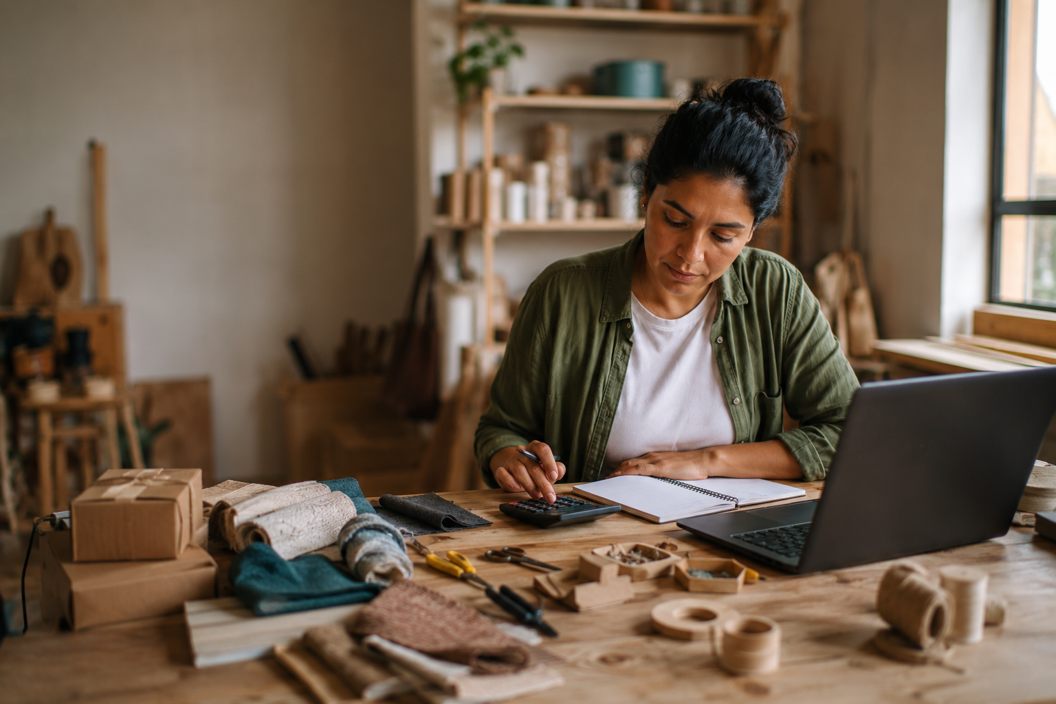 Emprendedora calculando costos con materiales y herramientas en su espacio de producción